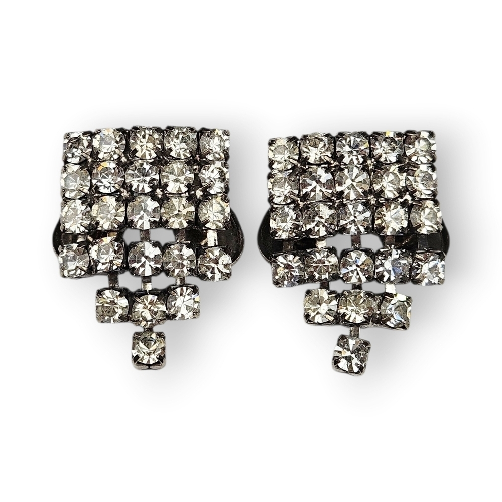 Musi Rhinestone Shoe Clips Pair White Fringe Foil Back Silver Tone Vintage 70s